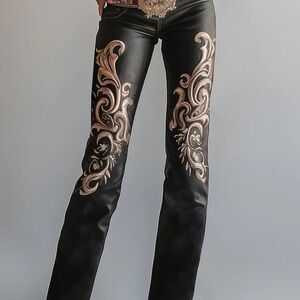 Black Leather Pants with Gold Embroidery
